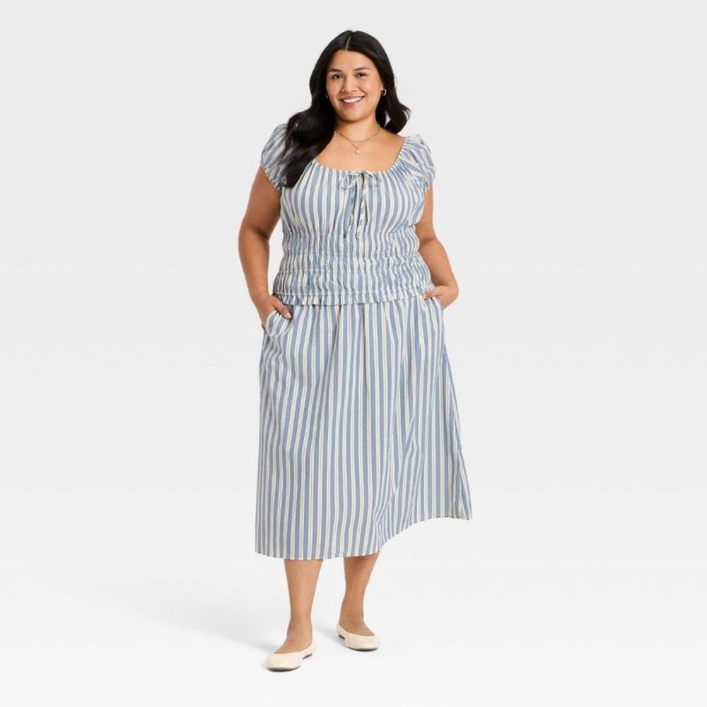 Open Box - Women's Pull-On Midi Full Skirt - Universal Thread Blue Striped - Picture 3 of 3